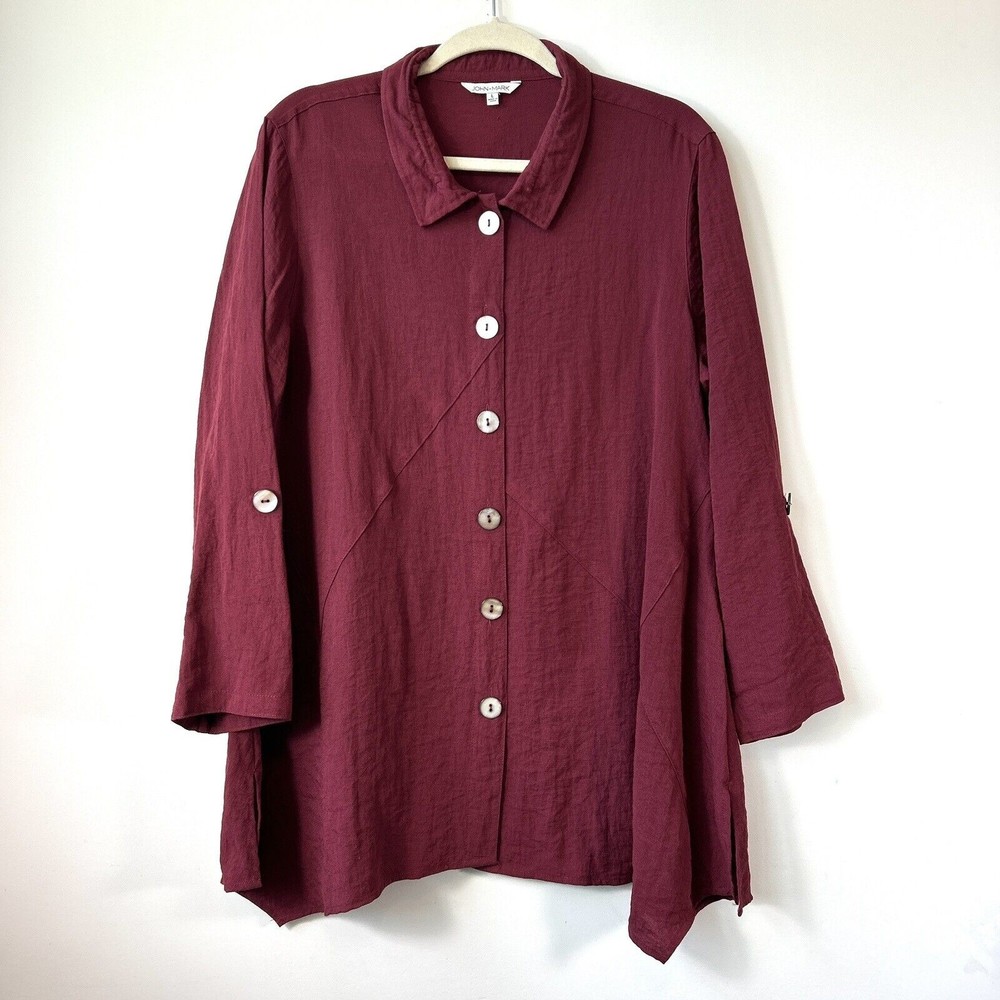 John Mark Large Red Button Up Blouse Roll Tab Sleeve Wired Collar Relaxed Fit